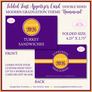 Modern Purple Gold Graduation Party Favor Card Tent Place Food Appetizer High School College Boy Girl Boogie Bear Invitations Hammond Theme