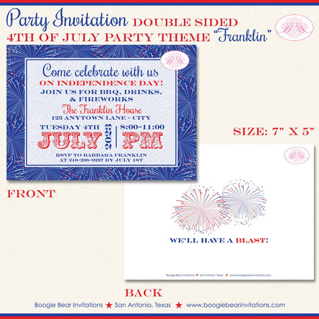 Fireworks 4th of July Party Invitation Red White Blue Independence Day Boogie Bear Invitations Franklin Theme Paperless Printable Printed
