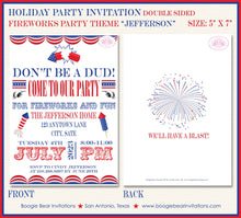 Load image into Gallery viewer, 4th of July Fireworks Party Invitation Flag Red White Blue Show Blast Boogie Bear Invitations Jefferson Theme Paperless Printable Printed