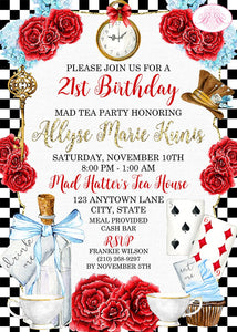 Mad Hatter Tea Birthday Party Invitation Red Blue Black Alice in Wonderland Boogie Bear Invitations Allyse Theme Paperless Printable Printed