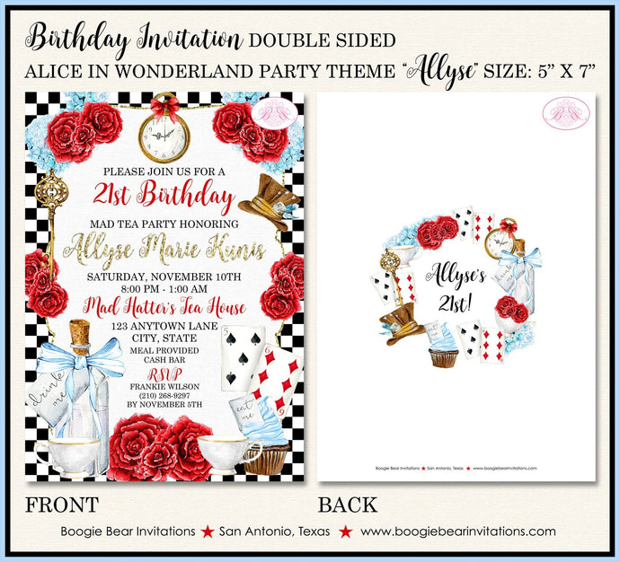 Mad Hatter Tea Birthday Party Invitation Red Blue Black Alice in Wonderland Boogie Bear Invitations Allyse Theme Paperless Printable Printed