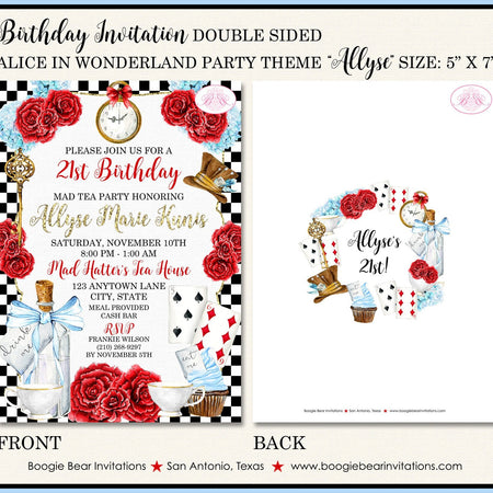 Mad Hatter Tea Birthday Party Invitation Red Blue Black Alice in Wonderland Boogie Bear Invitations Allyse Theme Paperless Printable Printed