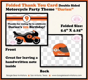 Orange Motorcycle Party Thank You Card Birthday Racing Boy Girl Motocross Enduro Race Track Boogie Bear Invitations Darien Theme Printed