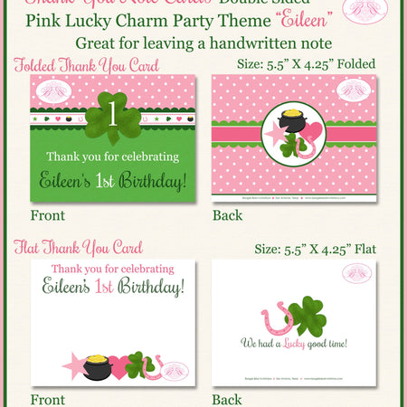 Lucky Charm Party Thank You Note Card Birthday Girl St. Patrick's Day Pink Green Shamrock 4 Leaf Clover Boogie Bear Invitations Eileen Theme