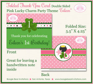 Lucky Charm Party Thank You Note Card Birthday Girl St. Patrick's Day Pink Green Shamrock 4 Leaf Clover Boogie Bear Invitations Eileen Theme