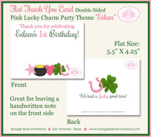 Load image into Gallery viewer, Lucky Charm Party Thank You Note Card Birthday Girl St. Patrick&#39;s Day Pink Green Shamrock 4 Leaf Clover Boogie Bear Invitations Eileen Theme