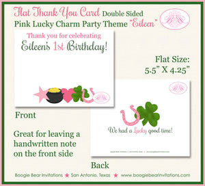 Lucky Charm Party Thank You Note Card Birthday Girl St. Patrick's Day Pink Green Shamrock 4 Leaf Clover Boogie Bear Invitations Eileen Theme