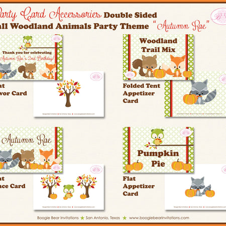 Woodland Animals Birthday Favor Party Card Tent Place Food Tag Fall Forest Fox Owl Raccoon Pumpkin Boogie Bear Invitations Autumn Rae Theme