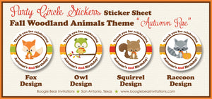 Fall Woodland Animals Party Stickers Circle Sheet Birthday Boy Girl Pumpkin Fox Owl Raccoon Boogie Bear Invitations Autumn Rae Theme