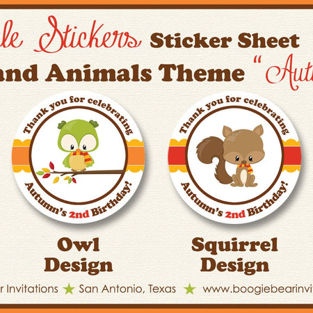 Fall Woodland Animals Party Stickers Circle Sheet Birthday Boy Girl Pumpkin Fox Owl Raccoon Boogie Bear Invitations Autumn Rae Theme