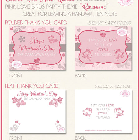 Love Birds Party Thank You Card Pink Valentine's Day Grey White Heart Woodland Forest Ribbon Boogie Bear Invitations Casanova Theme Printed