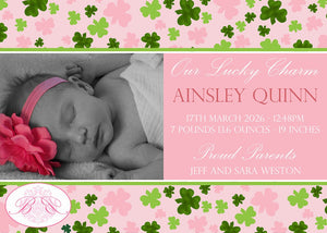 St Patrick's Day Photo Birth Announcement Pink Shamrock Green Irish Girl Boogie Bear Invitations Ainsley Theme Paperless Printable Printed