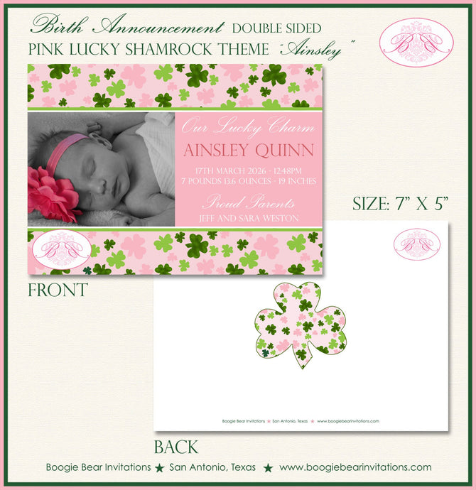 St Patrick's Day Photo Birth Announcement Pink Shamrock Green Irish Girl Boogie Bear Invitations Ainsley Theme Paperless Printable Printed