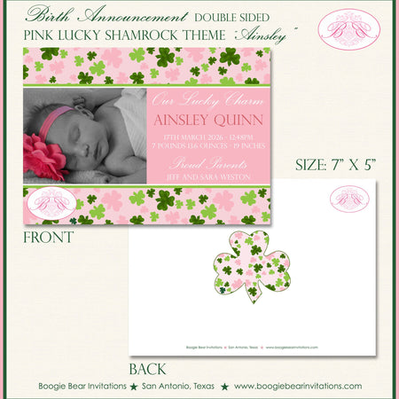 St Patrick's Day Photo Birth Announcement Pink Shamrock Green Irish Girl Boogie Bear Invitations Ainsley Theme Paperless Printable Printed