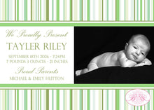 Load image into Gallery viewer, Green Stripe Photo Birth Announcement Boy Girl Baby Lime Olive White Formal Boogie Bear Invitations Tayler Theme Paperless Printable Printed