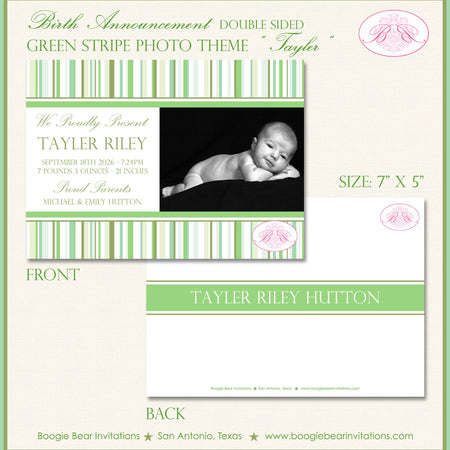 Green Stripe Photo Birth Announcement Boy Girl Baby Lime Olive White Formal Boogie Bear Invitations Tayler Theme Paperless Printable Printed