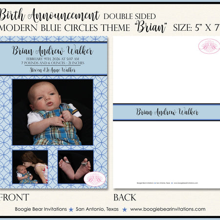 Modern Blue Photo Baby Boy Birth Announcement Black Circles Modern Wallpaper Boogie Bear Invitations Brian Theme Paperless Printable Printed
