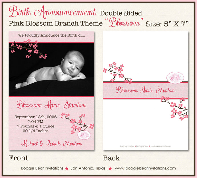 Cherry Blossom Birth Announcement Pink Soft Spring Floral Flowers Baby Girl Flower Photo Boogie Bear Invitations Paperless Printable Printed