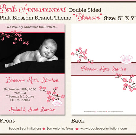Cherry Blossom Birth Announcement Pink Soft Spring Floral Flowers Baby Girl Flower Photo Boogie Bear Invitations Paperless Printable Printed