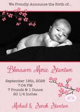 Load image into Gallery viewer, Cherry Blossom Birth Announcement Pink Soft Spring Floral Flowers Baby Girl Flower Photo Boogie Bear Invitations Paperless Printable Printed