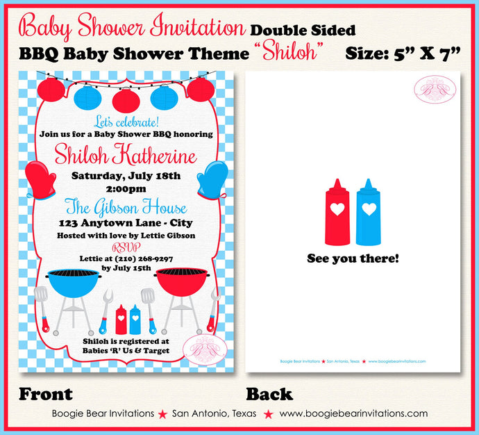 BBQ Baby Shower Party Invitation Red Blue Q Gender Neutral Reveal Boy Girl Boogie Bear Invitations Shiloh Theme Paperless Printable Printed