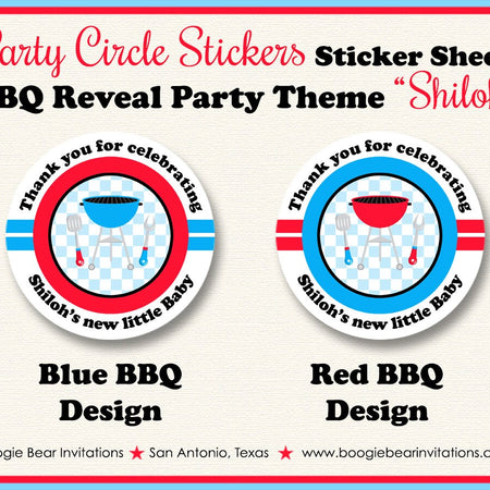 BBQ Reveal Baby Shower Party Stickers Circle Sheet Round Boy Girl Red Blue Q Twins Barbecue Dinner Tag Boogie Bear Invitations Shiloh Theme