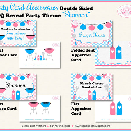 BBQ Reveal Baby Shower Party Favor Card Tent Folded Appetizer Pink Blue Grill Q Summer Dinner Boy Girl Boogie Bear Invitations Shannon Theme