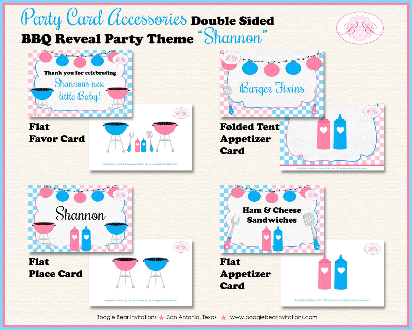 BBQ Reveal Baby Shower Party Favor Card Tent Folded Appetizer Pink Blue Grill Q Summer Dinner Boy Girl Boogie Bear Invitations Shannon Theme