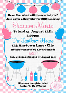 BBQ Reveal Baby Shower Invitation Pink Blue Grill Q Summer Dinner Boy Girl Boogie Bear Invitations Shannon Theme Paperless Printable Printed