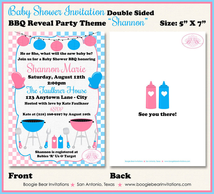 BBQ Reveal Baby Shower Invitation Pink Blue Grill Q Summer Dinner Boy Girl Boogie Bear Invitations Shannon Theme Paperless Printable Printed