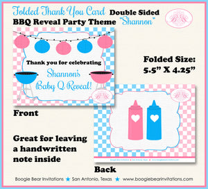 BBQ Reveal Baby Shower Thank You Card Grill Barbeque Q Summer Dinner Boy Girl Pink Blue Black Boogie Bear Invitations Shannon Theme Printed