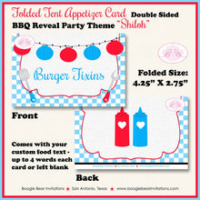 Load image into Gallery viewer, BBQ Reveal Baby Shower Party Favor Card Tent Folded Appetizer Red Blue Grill Q Summer Dinner Boy Girl Boogie Bear Invitations Shiloh Theme