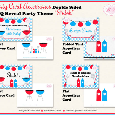 BBQ Reveal Baby Shower Party Favor Card Tent Folded Appetizer Red Blue Grill Q Summer Dinner Boy Girl Boogie Bear Invitations Shiloh Theme