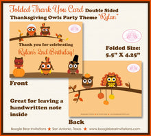 Load image into Gallery viewer, Thanksgiving Owls Party Thank You Card Birthday Girl Boy Turkey Woodland Animals Fall Autumn Fly Boogie Bear Invitations Rylan Theme Printed