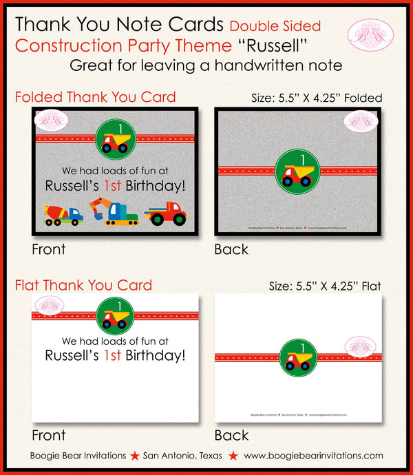 Construction Vehicles Thank You Card Birthday Party Zone Boy Dump Truck Front Loader Dig Zone Boogie Bear Invitations Russell Theme Printed