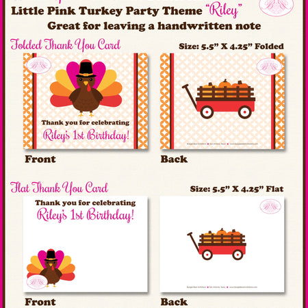 Little Pink Turkey Party Thank You Card Birthday Girl Fall Thanksgiving Pumpkin Autumn Gobble Boogie Bear Invitations Riley Theme Printed