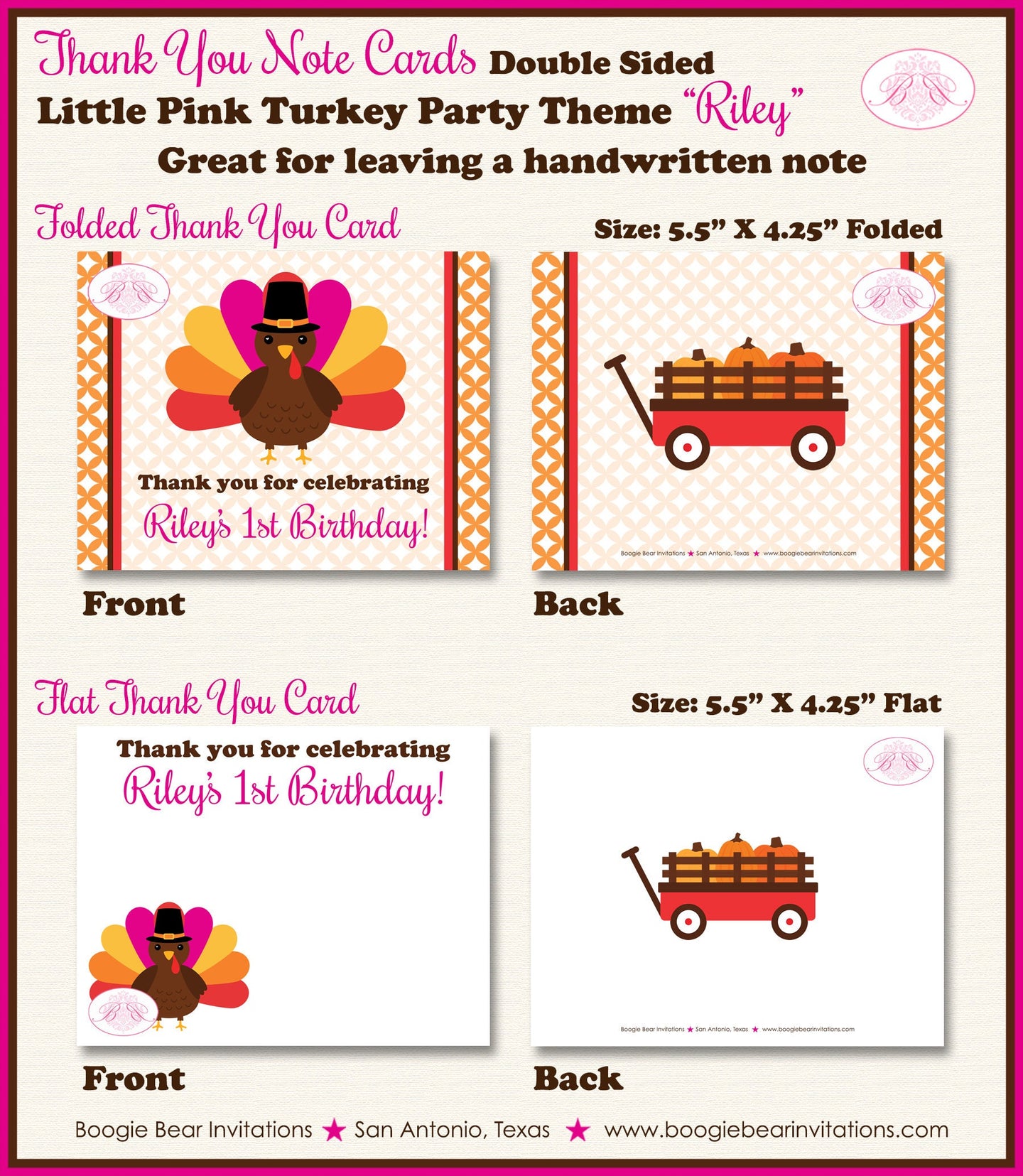 Little Pink Turkey Party Thank You Card Birthday Girl Fall Thanksgiving Pumpkin Autumn Gobble Boogie Bear Invitations Riley Theme Printed