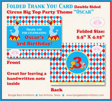 Load image into Gallery viewer, Circus Birthday Party Thank You Card Retro Big Top 3 Ring Seal Showman Red Yellow Blue Boy Girl Boogie Bear Invitations Oscar Theme Printed