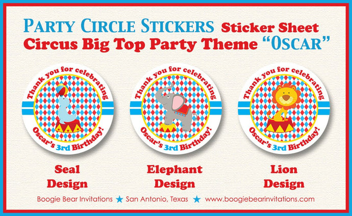 Circus Birthday Party Stickers Circle Sheet Big Top 3 Ring Seal Lion Elephant Boy Girl Showman Big Top Boogie Bear Invitations Oscar Theme