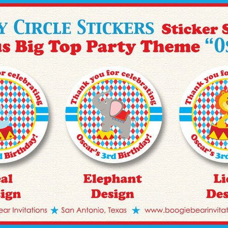 Circus Birthday Party Stickers Circle Sheet Big Top 3 Ring Seal Lion Elephant Boy Girl Showman Big Top Boogie Bear Invitations Oscar Theme