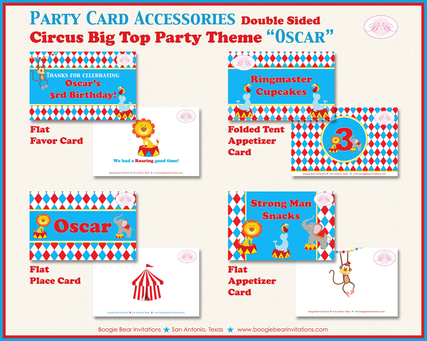 Circus Birthday Favor Party Card Tent Appetizer Place Big Top 3 Ring Animals Red Blue Boy Girl Harlequin Boogie Bear Invitations Oscar Theme