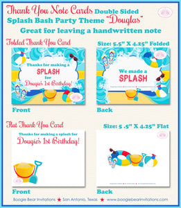 Splash Bash Party Thank You Card Birthday Swimming Pool Swim Blue Boy Girl Ocean Beach Boogie Bear Invitations Douglas Theme Printed