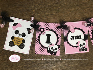 Pink Panda Bear I am 1 Highchair Party Banner Birthday Small Black White Polka Dot Girl Wild Zoo Jungle Boogie Bear Invitations Robina Theme