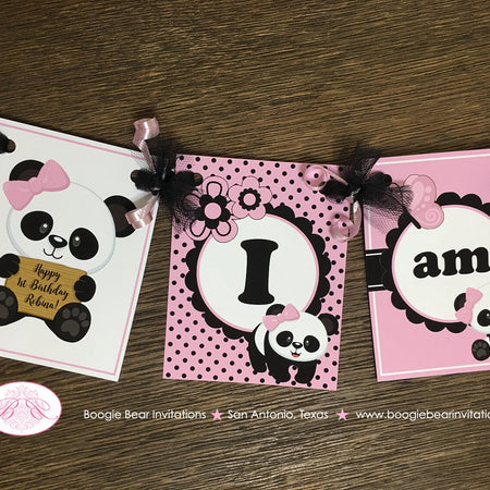 Pink Panda Bear I am 1 Highchair Party Banner Birthday Small Black White Polka Dot Girl Wild Zoo Jungle Boogie Bear Invitations Robina Theme