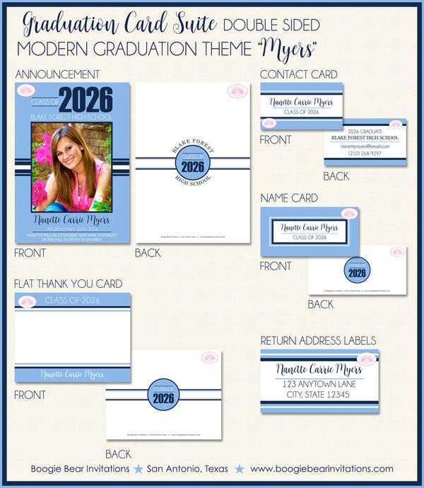 Retro Photo Graduation Announcement Thank You Contact Cards Graduate Party Pink 2022 2023 2024 Boogie Bear Invitations Myers Theme Printed