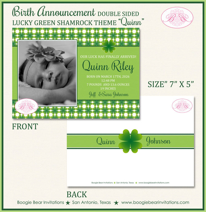 St Patrick's Day Photo Birth Announcement Shamrock Green Lucky Girl Boy Lime Boogie Bear Invitations Quinn Theme Paperless Printable Printed