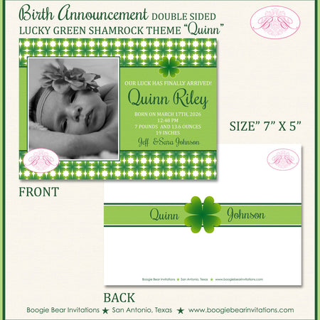 St Patrick's Day Photo Birth Announcement Shamrock Green Lucky Girl Boy Lime Boogie Bear Invitations Quinn Theme Paperless Printable Printed
