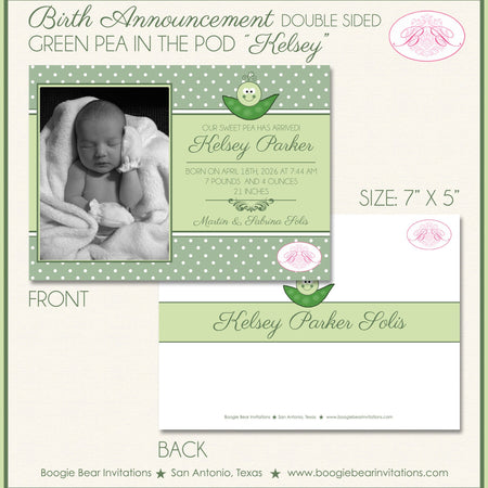 Pea In The Pod Photo Birth Announcement Boy Girl Photo Green Polka Dot Cute Boogie Bear Invitations Kelsey Theme Paperless Printable Printed