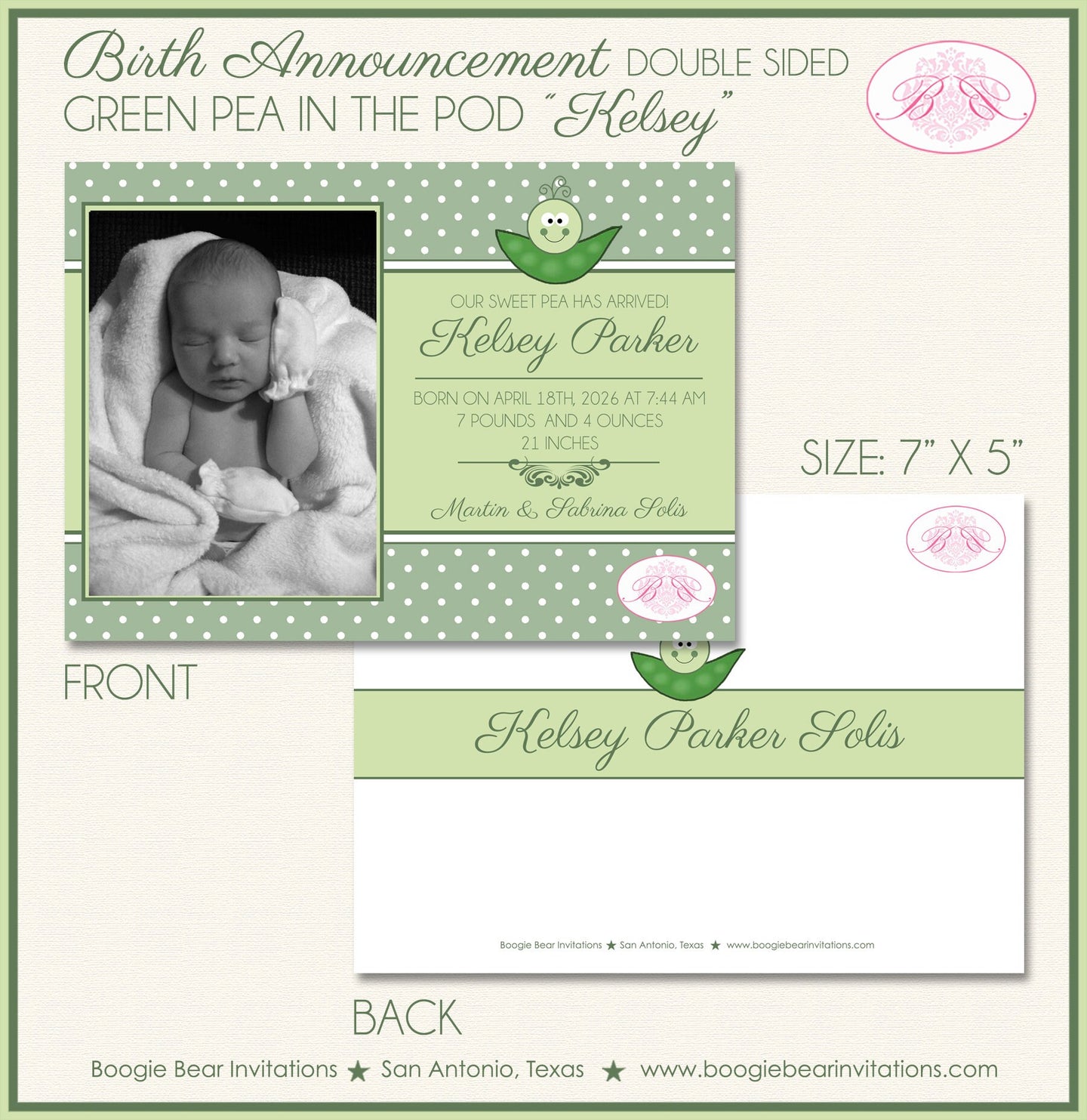 Pea In The Pod Photo Birth Announcement Boy Girl Photo Green Polka Dot Cute Boogie Bear Invitations Kelsey Theme Paperless Printable Printed
