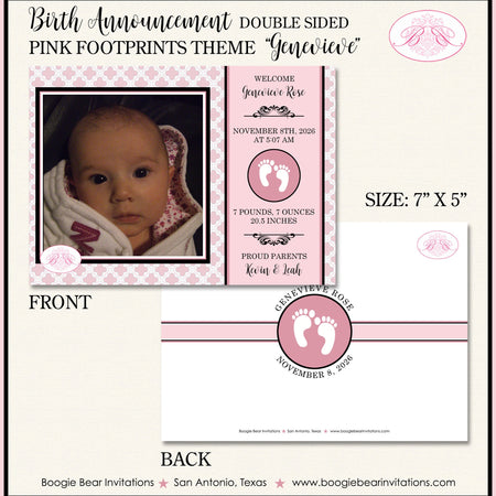 Foot Prints Pink Ribbon Footprints Baby Girl Photo Birth Announcement Modern Boogie Bear Invitations Genevieve Paperless Printable Printed